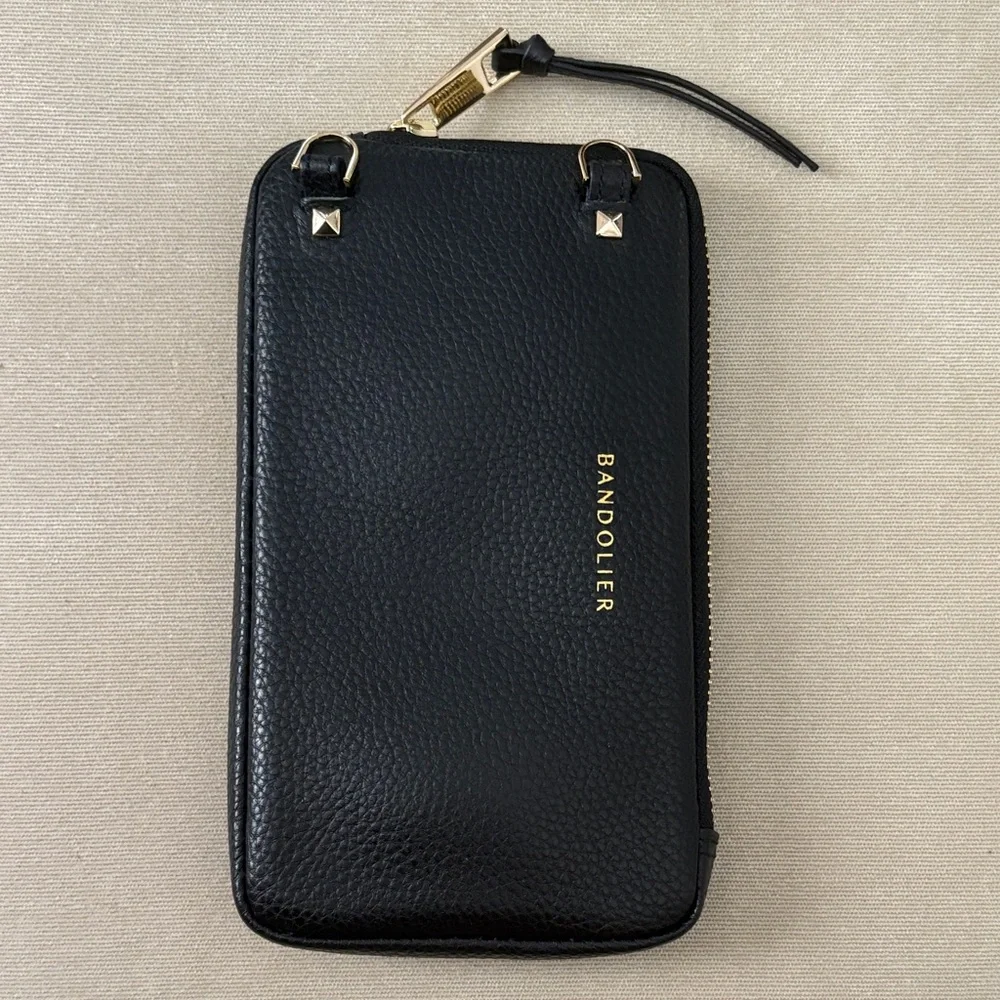 Bandolier Black Leather Phone Pouch with Gold Accents